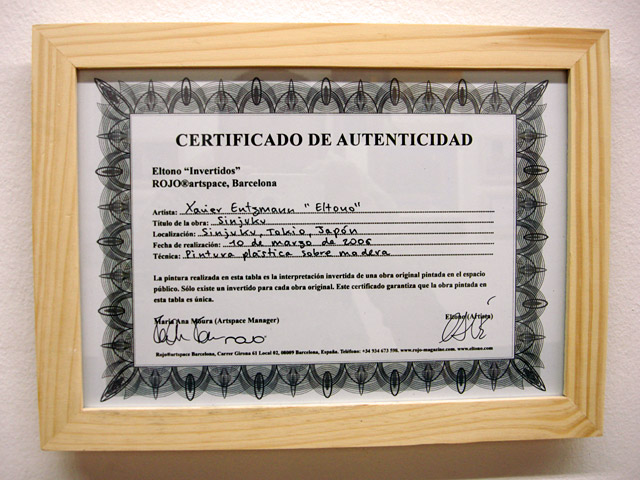 “The painting produced on this board is the reversed interpretation of an original artwork painted in public space. There is only one “inversed” board for each original painting. This certificate guarantees that the artwork painted on this board is unique.” “The painting produced on this board is the reversed interpretation of an original artwork painted in public space. There is only one “inversed” board for each original painting. This certificate guarantees that the artwork painted on this board is unique.”